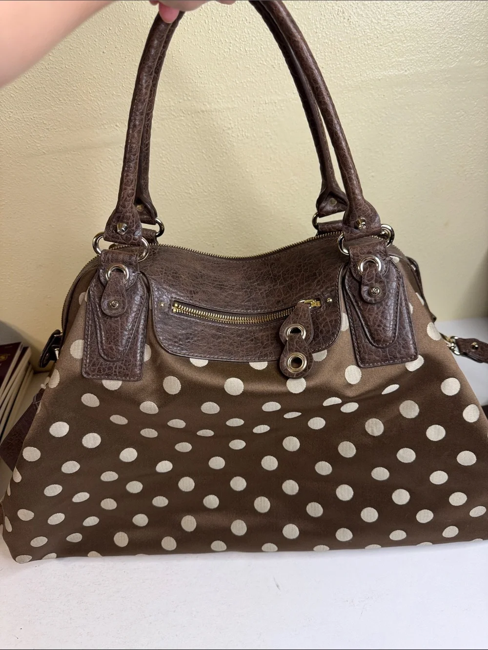 Jessica Simpson Brown and Cream Polka Dot Shoulder Satchel